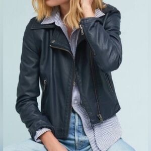 Anthropologie Large Navy Faux Leather Moto Jacket zip up / Zip Pockets